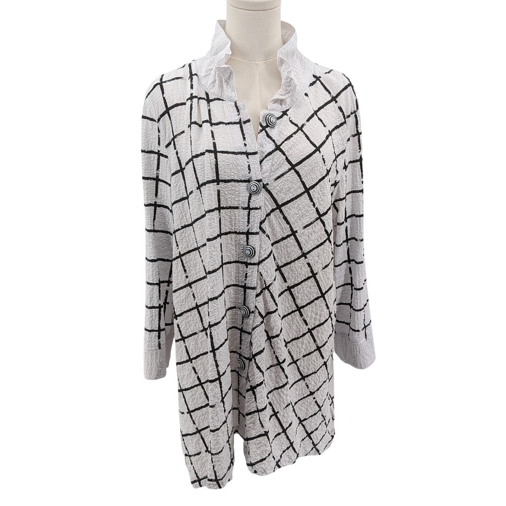Textured Long Tunic White Black Grid Wired Collar Ali Miles Size L